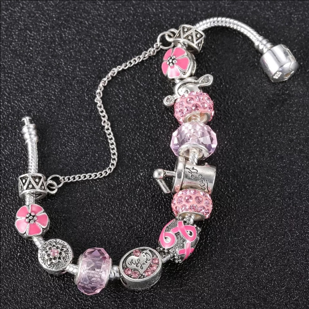 Silver-Tone Pink Charm Beaded Bracelet for Women for Cancer Awareness - Picture 2 of 3